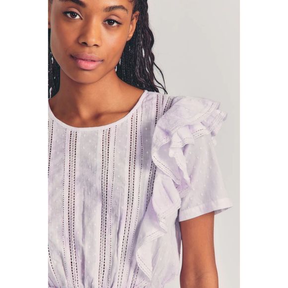 LoveShackFancy Natasha Violet Lavender Mini Dress Lace Inset, ruffles Size L - Picture 2 of 5